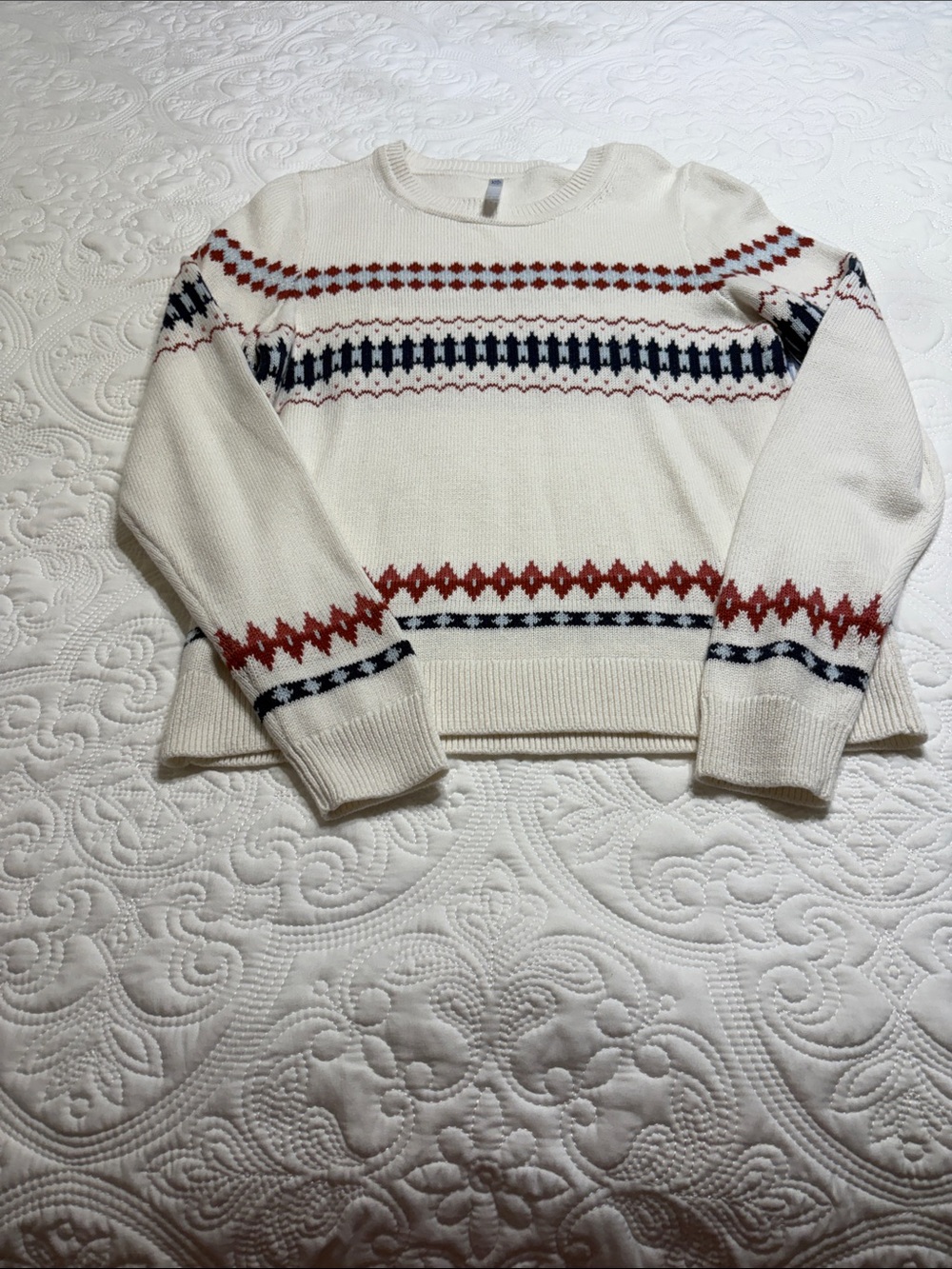 Southern Tide Cream Crewneck Sweater with Red and Navy Fair Isle